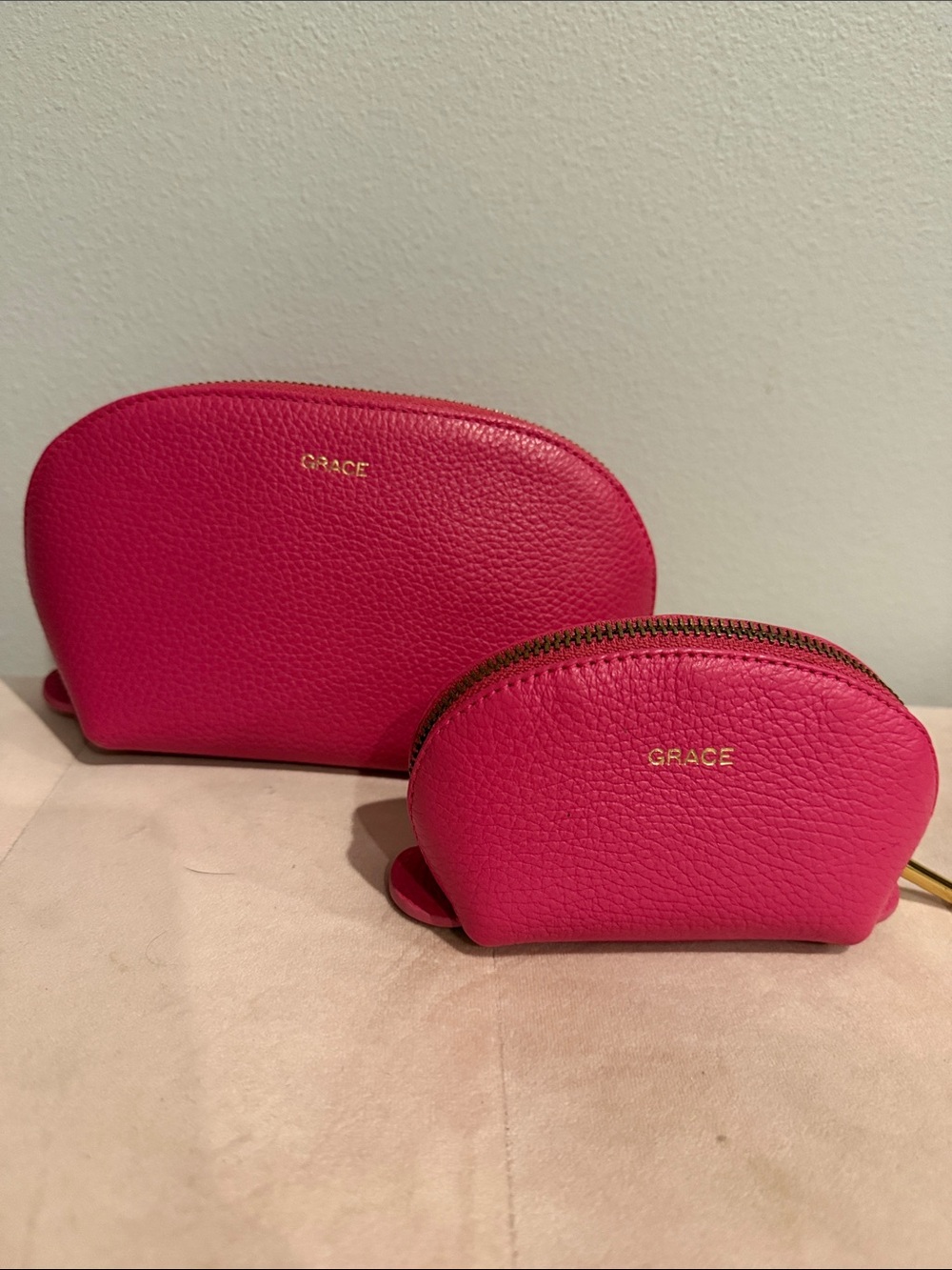Cuyana Vibrant Pink Pebbled Leather Cosmetic Pouches - 2-Piece Set + 1 free